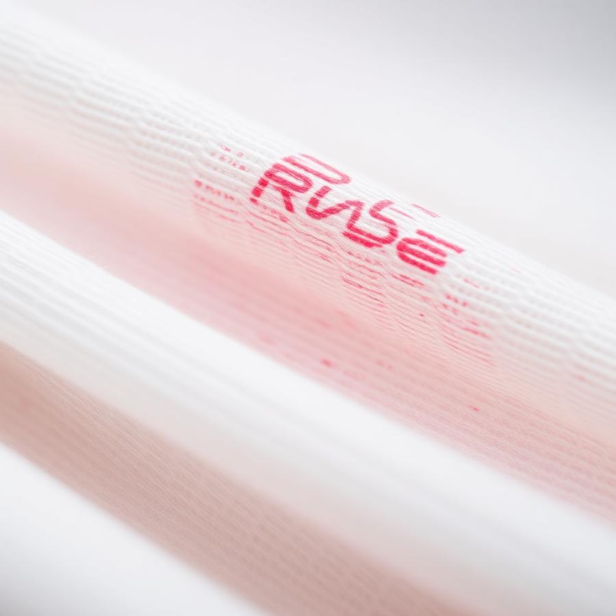 Macro detail of red print pressed onto white cotton